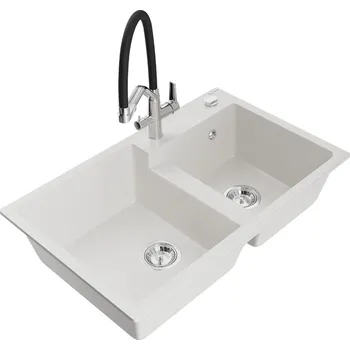 Granitový dřez MEXEN/S - Tomas granitový dřez 2-bowly včetně baterie Duo, bílá 6516-20-671701-07