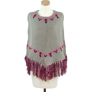 Šála Módní pončo s třásněmi a vyšíváním šedorůžové