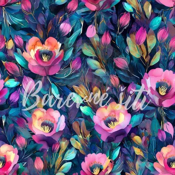 Úplet, Růžové květy, zlatomodré lístky (E) (Top kvalitní úplet Bella digitisk)