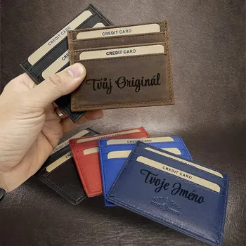 Více barev kůže, vlastní tex, kožené pouzdro na karty. Kožené pouzdro na karty BEORIGINAL – s monogramem, textem nebo obrázkem Vyberte variantu: Světle hnědá + prémiové dárkové balení BE Original