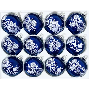 Vánoční ozdoba Irisa Vánoční skleněná sada modré koule s dekorem modrotisk 7 cm, SET 12 ks Velikost: 7 cm, Balení: 12ks, Barva: modrá