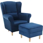 Křeslo ušák, s taburetem, látka modrá, ASTRID