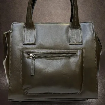 Tvujoriginal Velká olivově zelená kožená kabelka s hnědými poutky | 3 zipy | Pravá kůže Khaki