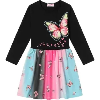 Dívčí šaty BAVLNĚNÉ DÍVČÍ ŠATY S MOTÝLKY A DLOUHÝM RUKÁVEM NOVINKA Barva: Tmavě modrá, Velikost: 110