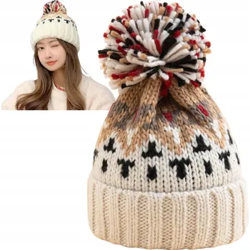 Čepice ČEPICE ZIMNÍ DÁMSKÁ S BAMBULKOU BEANIE ZATEPLENÁ NA ZIMU BÉŽOVÁ