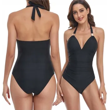 Dámské plavky PLAVKY JEDNODÍLNÉ ZEŠTÍHLUJÍCÍ ČERNÉ S VÁZÁNÍM KALHOTKY VEL. L