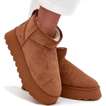 Dámská zimní obuv Dámské sněhule z eko semiše, nízké, zateplené kožešinou, nazouvací, camel barva, velikost 39