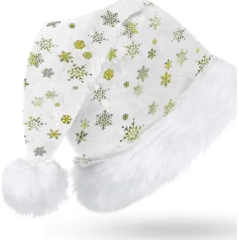 Vánoční dekorace Čepice Mikuláše bílá plyšová s flitry sněhové vločky Vánoční Zlaté Dekorace