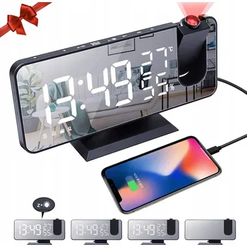 Budík ELEKTRONICKÝ BUDÍK S LED projektorem ZRCADLO TEPLOMĚR 4v1