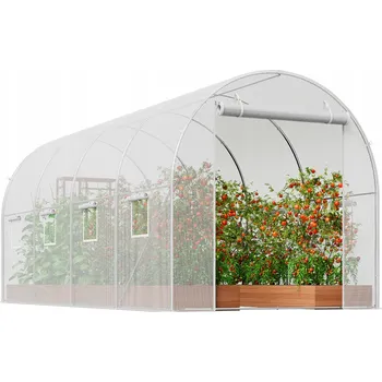 Skleník SucceBuy Fóliovník Tunel 445x194x192CM Bílý Ocel PE 8 Bez Kupole Policový