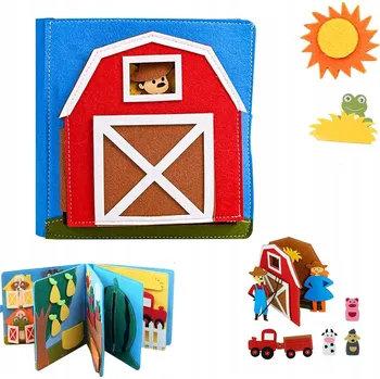 Dřevěná hračka Filcová Montessori knížka pro děti – Farma, 3D, senzorická a vzdělávací