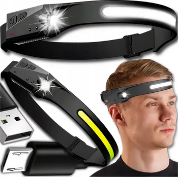 Čelovka VÝKONNÁ ČELOVKA LED REFLEKTOR NA HLAVU COB VODĚODOLNÁ SILNÁ Černá