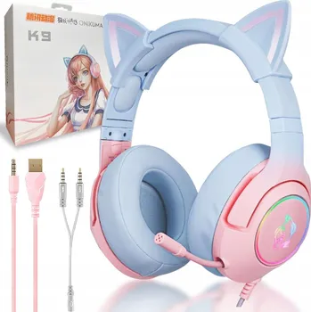Sluchátka ONIKUMA K9 Herní Sluchátka růžová s kočičími oušky a LED podsvícením pro PC, PS5, Switch