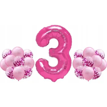 Balónek Růžová sada na 3. narozeniny, 100cm balónky a konfety