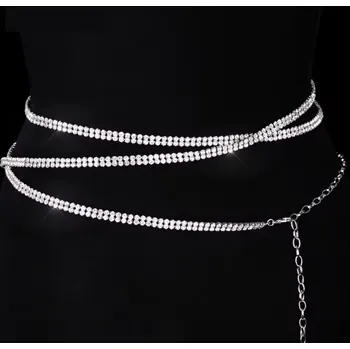 Dámské šaty B-TOP Dlouhý stříbrný dvouřadý pás na šaty z krystalů