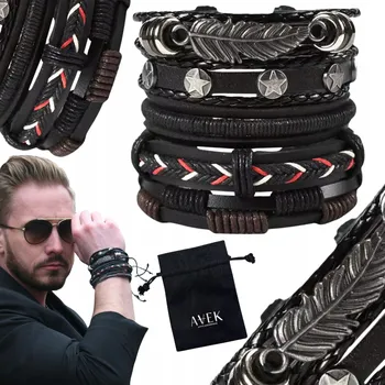 Náramek PÁNSKÝ NÁRAMEK KOŽENÝ NÁRAMEK S NASTAVITELNOU SADOU ČERNÝ S PEREM, PERO 5V1 AVEK