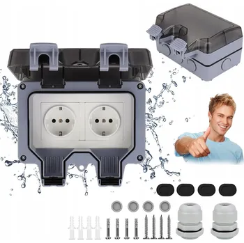 Elektrická zásuvka Dvojitá vodotěsná zásuvka šedá IP66 s uzemněním