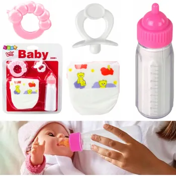 Doplněk pro panenku MAGICKÁ LÁHEV S MLÉKEM PRO PANENKU MIMINKO PLENKY DUDLÍK