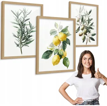 Obraz Sada 3 obrazů CITRONY OLIVY + dřevěný rámeček 50x70 triptych do kuchyně