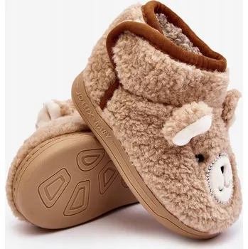 Dívčí obuv PAPUČE ZATEPLENÉ KOŽEŠINOU S MEDVÍDKEM, ZAPÍNÁNÍ NA NA SUCHÝ ZIP, BÉŽOVÉ, VELIKOST 27