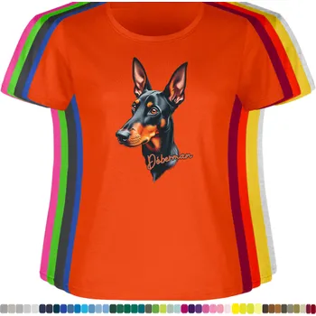 Dámské tričko damske-levne-bavlnene-tricko-digitalni-potisk-pes-dobrman Barva: Orange - pomerančová, velikost: XXL