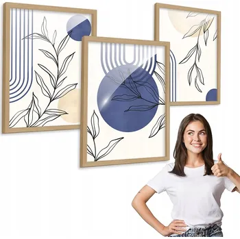 Obraz Sada 3 obrazů MODRÉ VZORY + dřevěný rámeček 50x70 triptych do obýváku