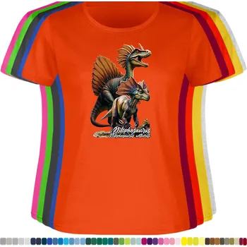 damske-levne-bavlnene-tricko-digitalni-potisk-dinosaurus-dilophosaurus Barva: Orange - pomerančová, velikost: XS