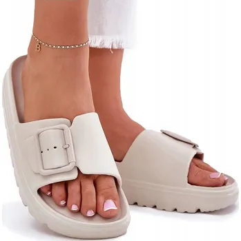 Dámské žabky NAZOUVÁKY DÁMSKÉ PĚNOVÉ LEHKÉ NA PLATFORMĚ S PŘEZKOU BÉŽOVÉ 37