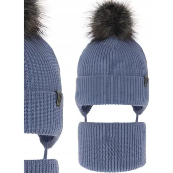 Čepice Modrá TEPLÁ Zimní Sada ČEPICE na zavazování + NÁKRČNÍK 46-50 fleece 9 měsíců - 3 roky