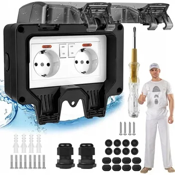 Elektrická zásuvka DVOJITÁ ZAHRADNÍ VENKOVNÍ ZÁSUVKA VODOTĚSNÁ IP66 + PŘÍSLUŠENSTVÍ 250V
