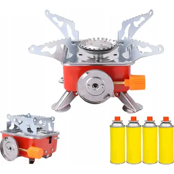 Turistický vařič MINI PLYNOVÝ VAŘIČ TURISTICKÝ KEMPINGOVÝ PŘENOSNÝ POLNÍ + 4 PLYNOVÉ KARTUŠE