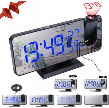 Budík ELEKTRONICKÝ BUDÍK S LED projektorem ZRCADLO TEPLOMĚR 4v1 Černý