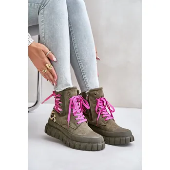 Dámské kozačky Dámské boty na platformě s ozdobným šněrováním Edidda Barva: Zelená, Velikost: 37