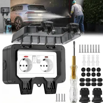 Elektrická zásuvka DVOJITÁ ZAHRADNÍ VENKOVNÍ ZÁSUVKA VODOTĚSNÁ IP66 + PŘÍSLUŠENSTVÍ 250V