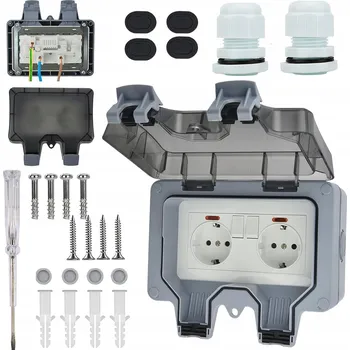 Elektrická zásuvka DVOJITÁ VENKOVNÍ VODOTĚSNÁ ZÁSUVKA ZAHRADNÍ S VYPÍNAČEM IP66