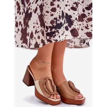 Dámské pantofle Dámské sandály na sloupovém podpatku s přezkou tmavo Amuria Barva: Béžová, Velikost: 36