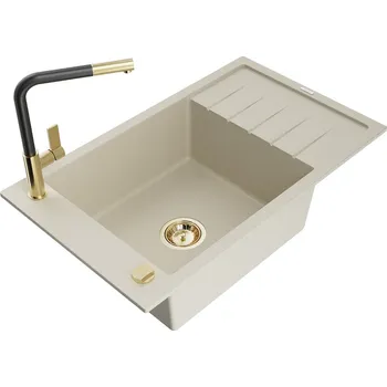 Granitový dřez MEXEN/S - Elias granitový dřez 1 s odkapávačem včetně baterie Flora, béžová 6511-69-670401-57-G