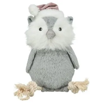 Hračka pro psa Vánoční sova na laně, se zvukem, 31 cm, plyš/bavlněné lano, šedá/bílá/béžová