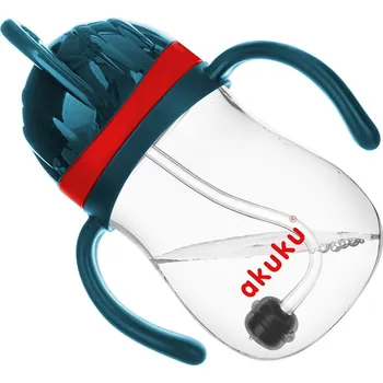 Kojenecká láhev Lahev Na Pití pro děti s zatíženým brčkem a držadly Akuku 280 ml 9+ červený