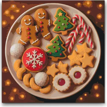 Malování podle čísel - Talíř plný cukroví Velikost: 50x50cm, Rámování: Pouze srolované plátno