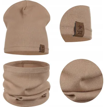 Čepice DĚTSKÝ BAVLNĚNÝ SET ČEPICE NÁKRČNÍK NA PODZIM A ZIMU HNĚDÁ 40-46