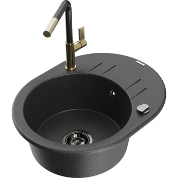 Granitový dřez MEXEN/S - Kevin granitový dřez 1-miska s odkapávačem včetně baterie Flora, černá kropenatá 6517-76-670401-75-B