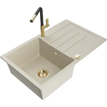 Granitový dřez MEXEN/S - Bruno granitový dřez 1 s odkapávačem včetně baterie Flora, béžová 6513-69-670401-57-G