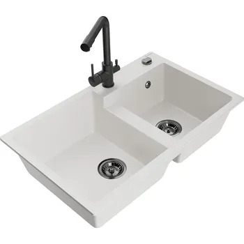 Granitový dřez MEXEN/S - Tomas granitový dřez 2-bowl včetně baterie Duero, bílá 6516-20-671600-70