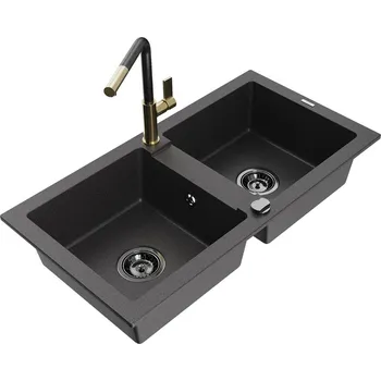 Granitový dřez MEXEN/S - Mario granitový dřez 2-bowl včetně baterie Flora, černá kropenatá 6504-76-670401-75-B