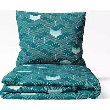 Povlečení Bavlněné povlečení 3D čtverce na petrolejové 140x200+70x90