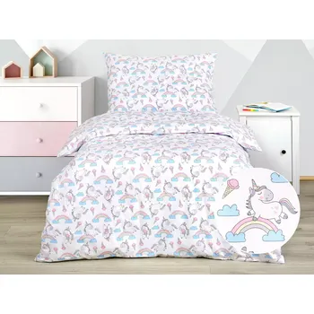 Povlečení Skodak Dětské bavlněné povlečení Jednorožec s duhou na bílé 140 x 200, 70 x 90 cm