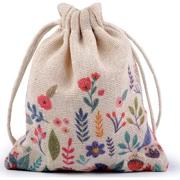 Dárkový pytlík jarní 10x13 cm lněný s květy Varianta: 1 režná, Balení: 20 ks