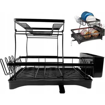 Příbor VELKÝ STYLOVÝ SUSZARKA DO NACZYŃ STOJÍCÍ ODKAPÁVAČ S PODNOSEM OCELOVÝ ČERNÝ