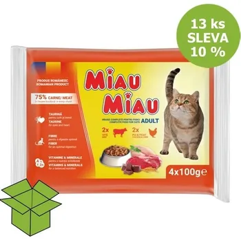 Krmivo pro kočku Miau Miau Cat Mix hovězí a kuřecí, kapsa 100 g 4 pack (13 ks) SLEVA 10 %